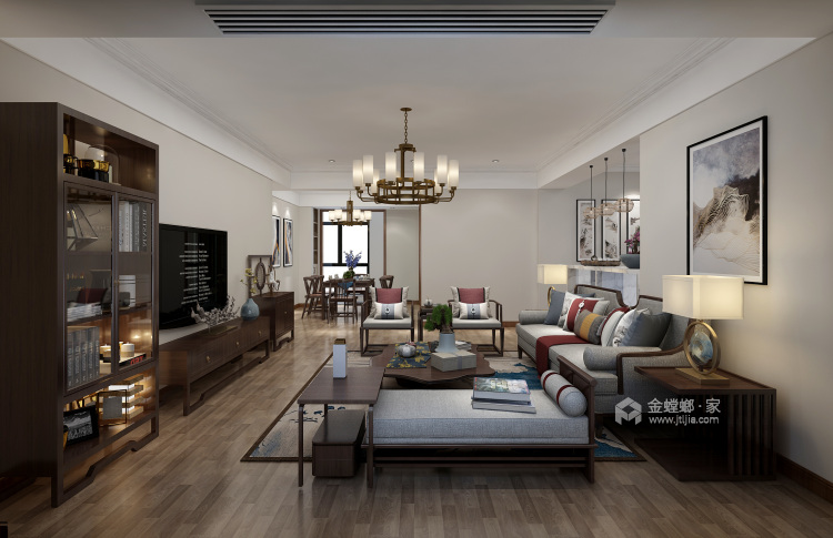 140平双木色拼色新中式，简洁大方-客厅效果图及设计说明