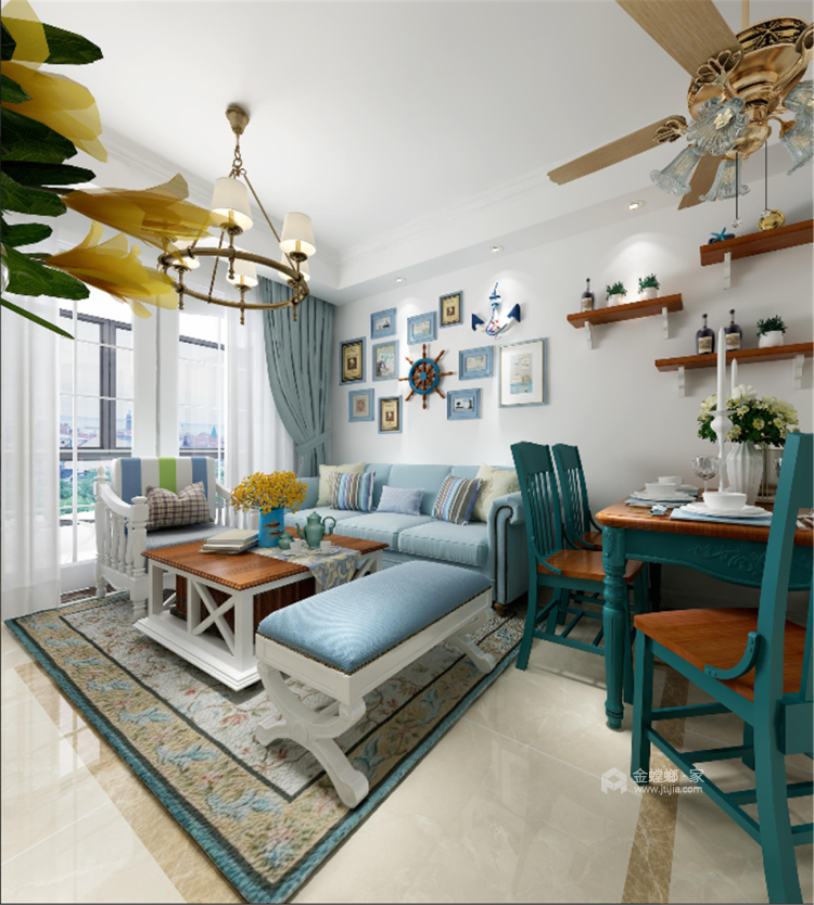 让你眼前一亮的蓝色的地中海风格案例-客厅效果图及设计说明