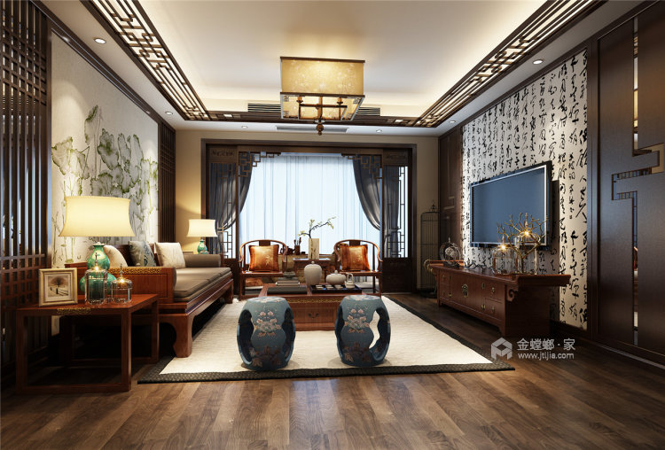 135平实木原木的中式风格-客厅效果图及设计说明