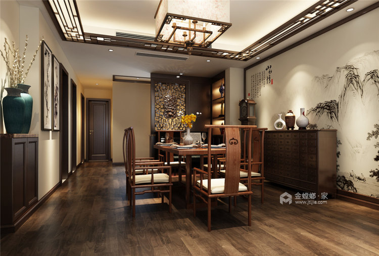 135平实木原木的中式风格-餐厅效果图及设计说明