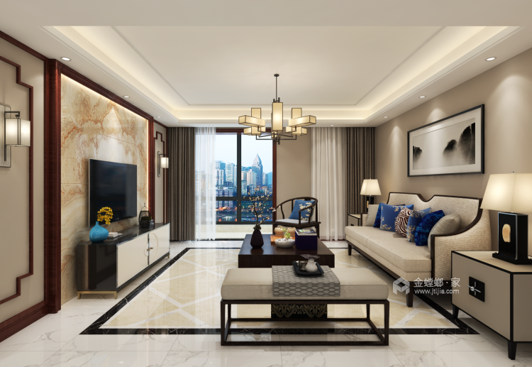 140平新中式禅意生活-客厅效果图及设计说明