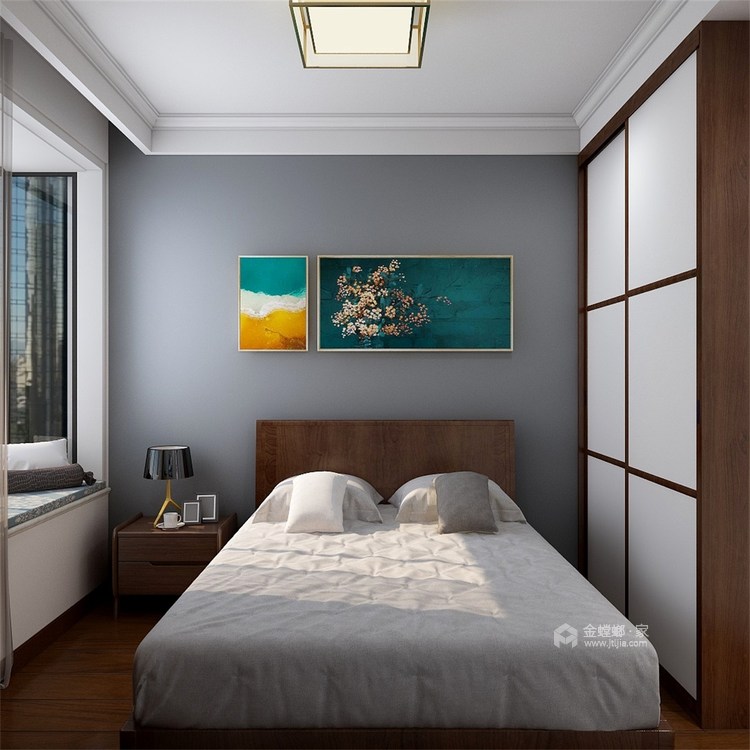110平现代风 冷色调搭配原木色点缀，使空间更自然。-卧室效果图及设计说明