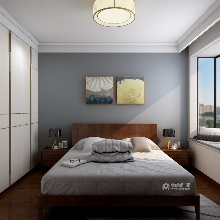 110平现代风 冷色调搭配原木色点缀，使空间更自然。-卧室效果图及设计说明