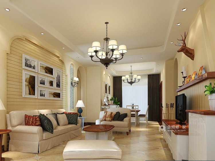 130平舒适复古小美式-客厅效果图及设计说明