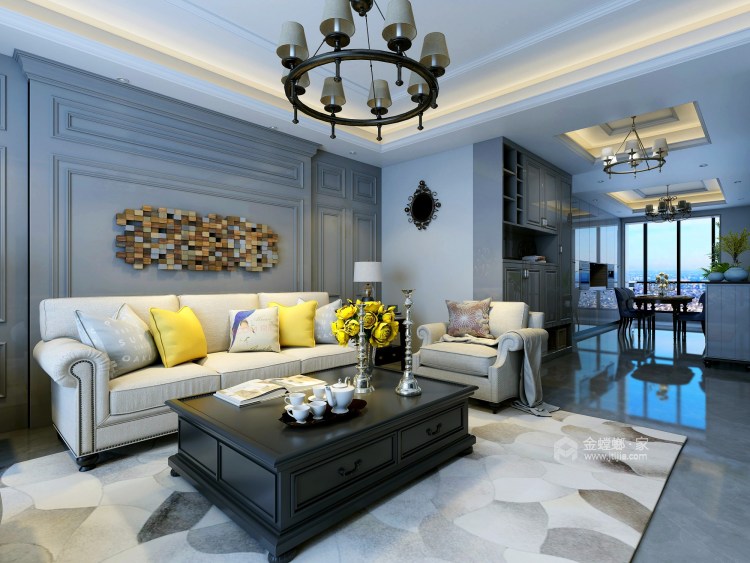 现代和美式的结合，170大平层给你想要的品质家！-客厅效果图及设计说明