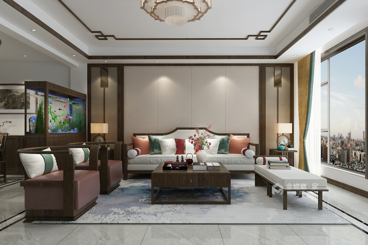 明珠庄园460复式新中式风格-客厅效果图及设计说明