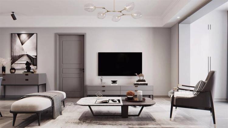 大气简约的现代风格装修,黑白灰三色搞定高级感-客厅效果图及设计说明