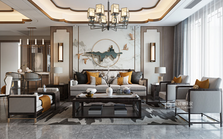 大华香鸢美颂350㎡新中式三居-客厅效果图及设计说明