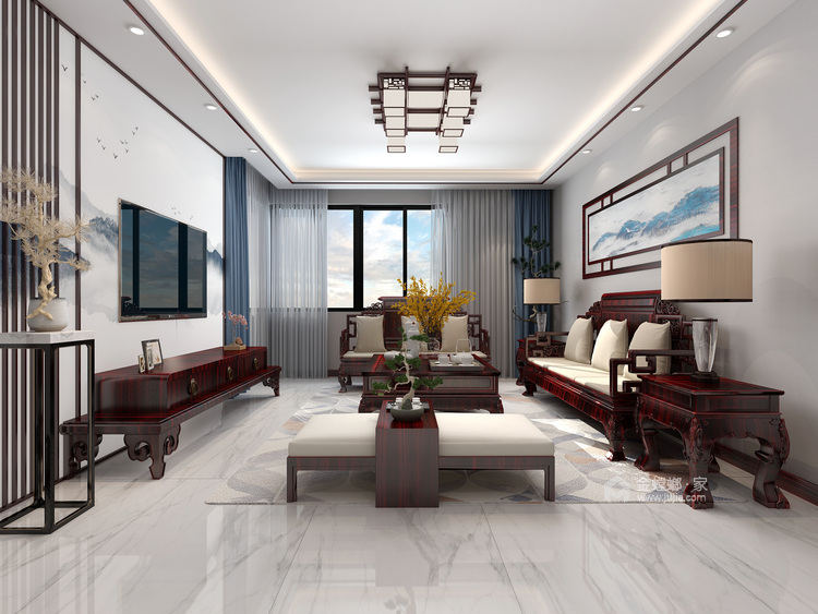 140㎡三室新中式风格-客厅效果图及设计说明
