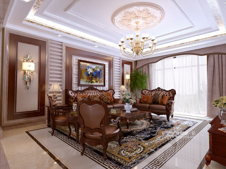 庄重大气的美式大宅-客厅效果图及设计说明