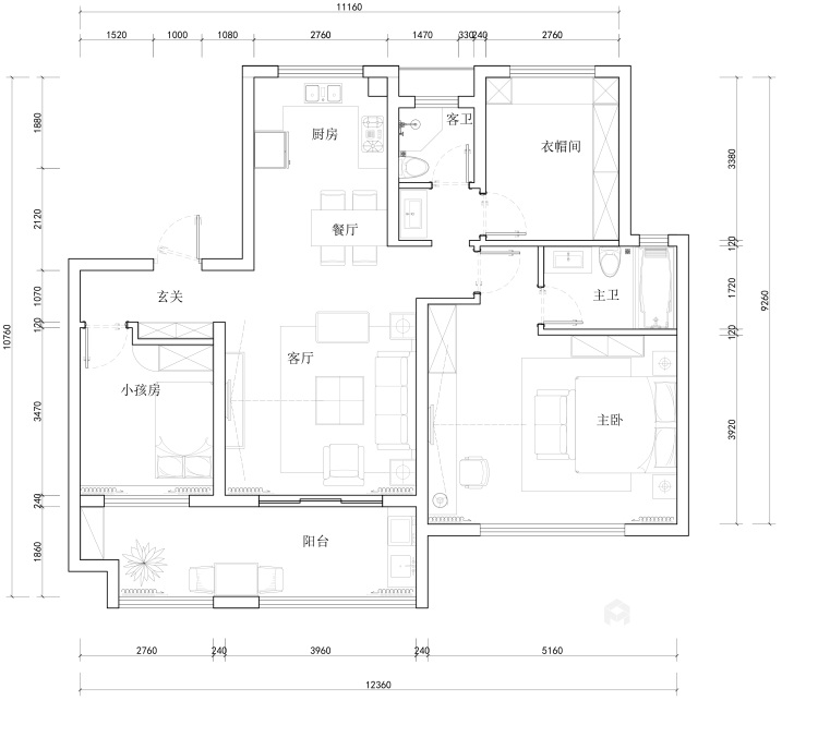 三室两厅一厨两卫美式风格-平面布置图