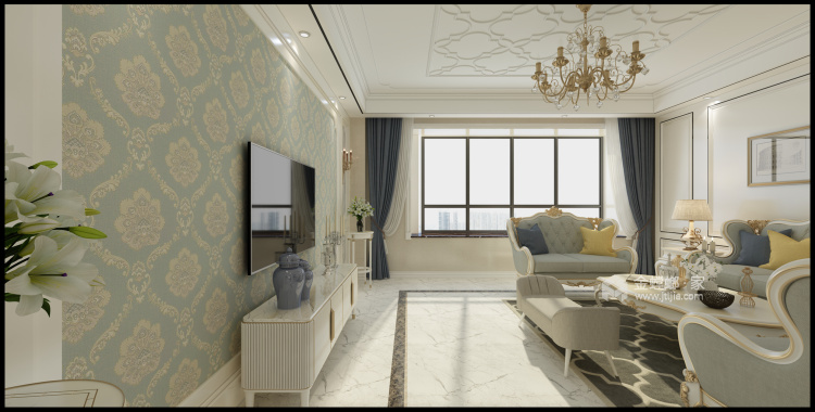 线条美感的清新简欧复式楼-客厅效果图及设计说明