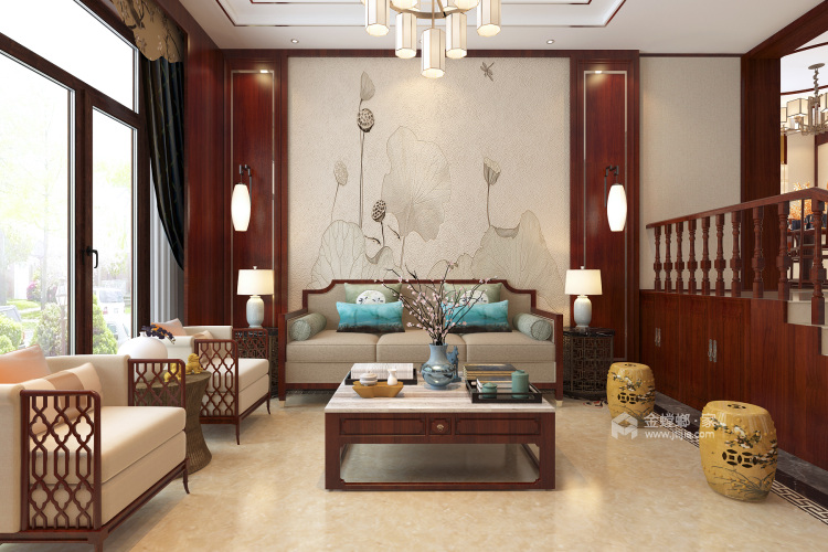 古典气质的美女业主最爱的新中式风-客厅效果图及设计说明