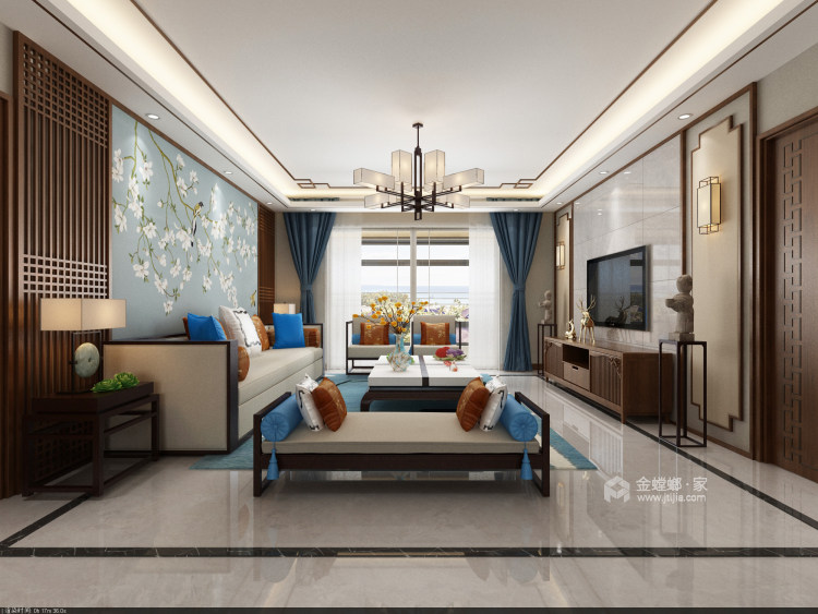 200平蓝天豪庭新中式风格-写意山水，归心东方！-客厅效果图及设计说明