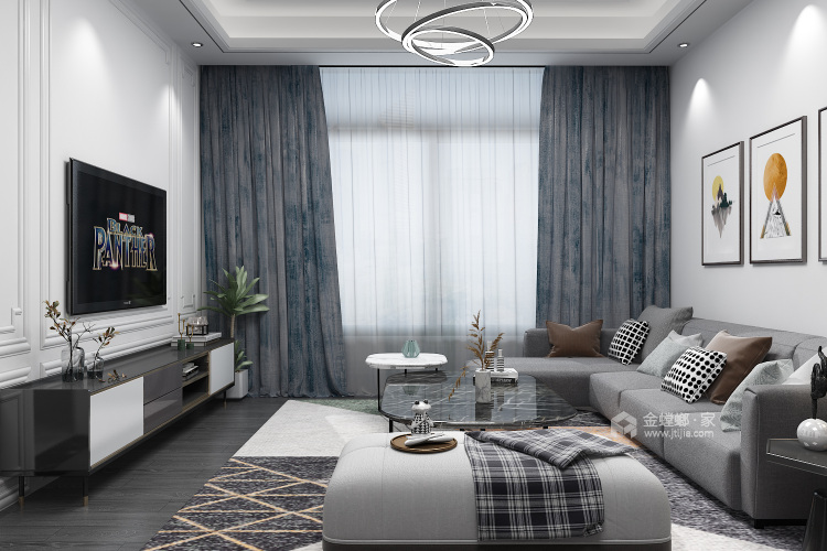 130㎡现代简约风，灰调质感下的舒适生活空间-客厅效果图及设计说明