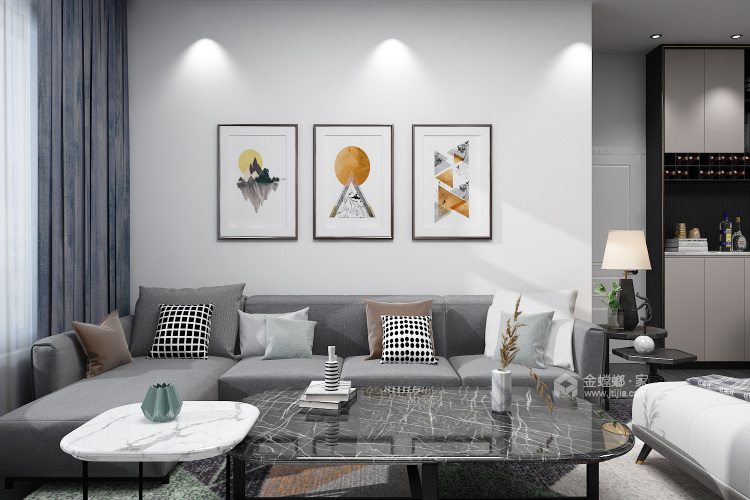 130㎡现代简约风，灰调质感下的舒适生活空间-客厅效果图及设计说明
