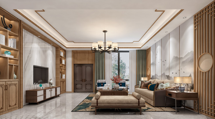 290平碧桂园新中式风格-客厅效果图及设计说明