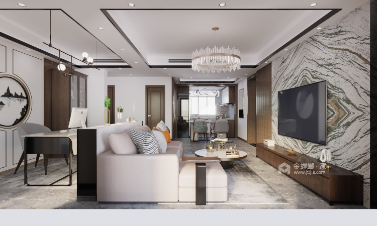136平奥园康城新中式风格装修-客厅效果图及设计说明