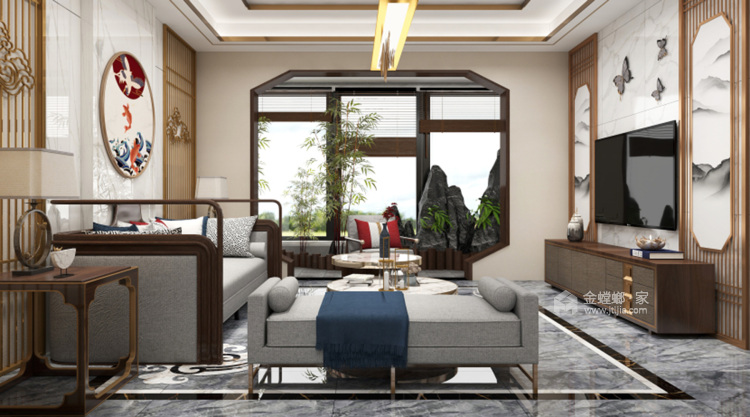 140平曲阜圣水苑新中式风格-江上明月-客厅效果图及设计说明
