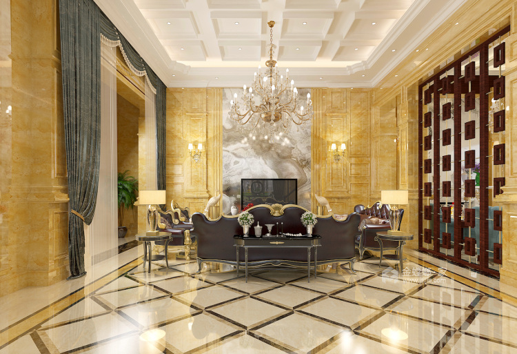 550平自建别墅新中式风格-中西·东西-客厅效果图及设计说明