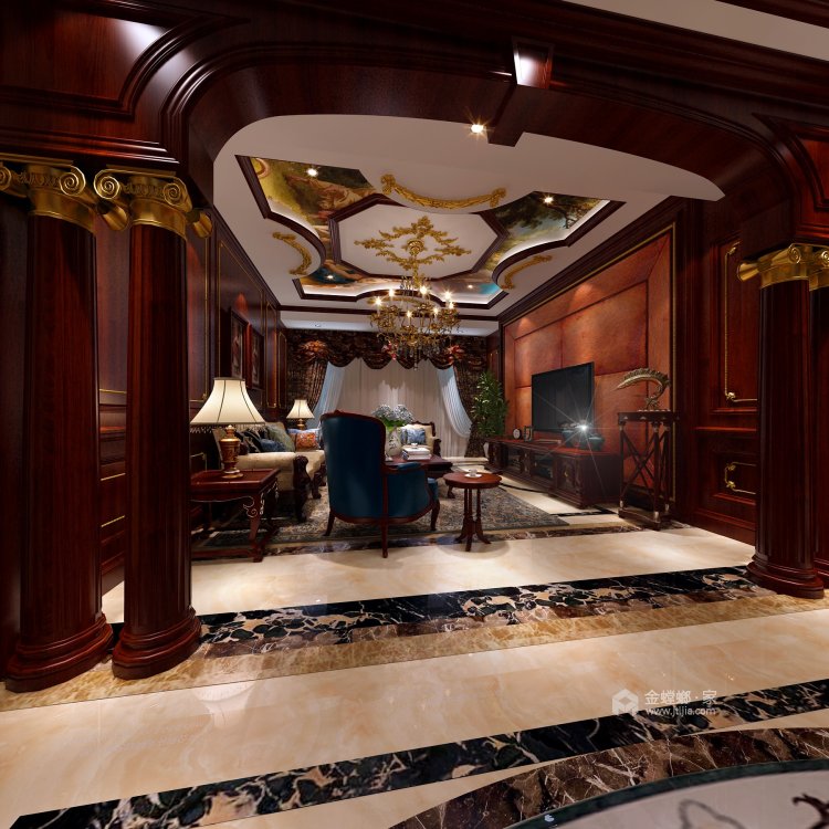 366平美式风格-拉菲的家·品味雕刻在岁月里的美式经典-客厅效果图及设计说明