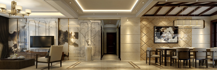 180平简约中式风格-客厅效果图及设计说明