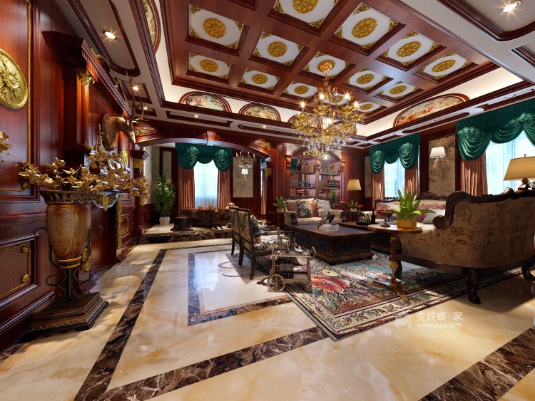 366平美式风格-拉菲的家·品味雕刻在岁月里的美式经典-客厅效果图及设计说明
