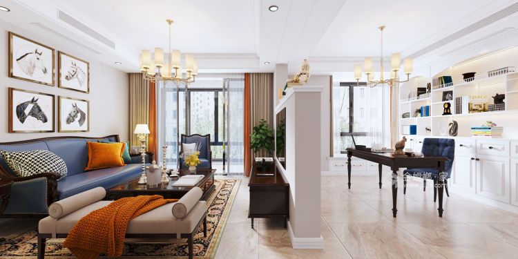 168平中央城美式风格-联动空间-客厅效果图及设计说明