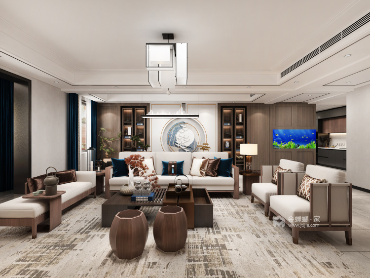 260平伟浩御景新中式风格-极简意味的四口之家-客厅效果图及设计说明