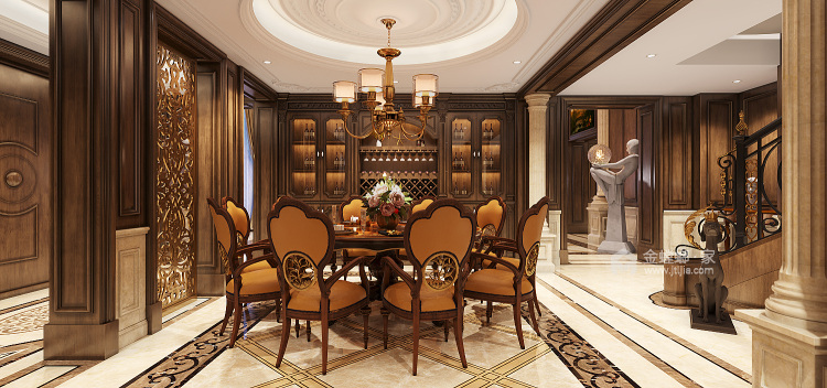600平碧桂园钻石墅美式风格-高奢豪宅，纯正美式定制-餐厅效果图及设计说明