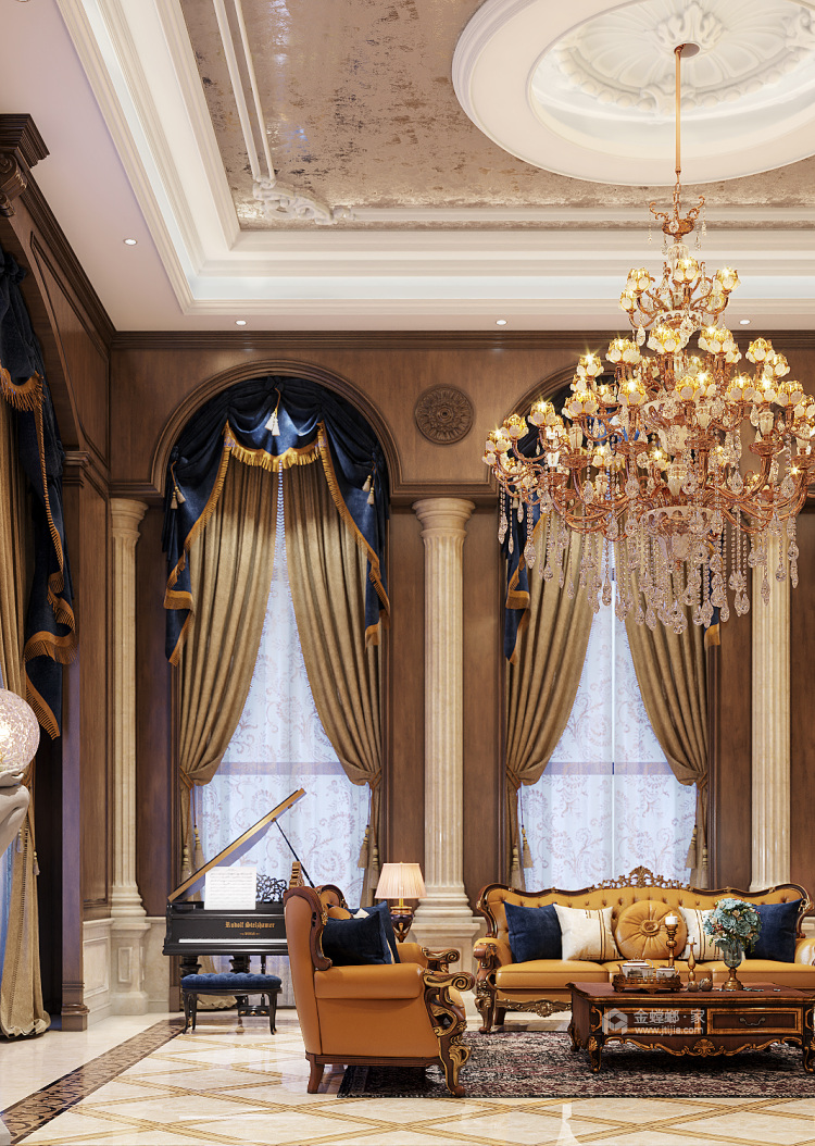 600平碧桂园钻石墅美式风格-高奢豪宅，纯正美式定制-客厅效果图及设计说明