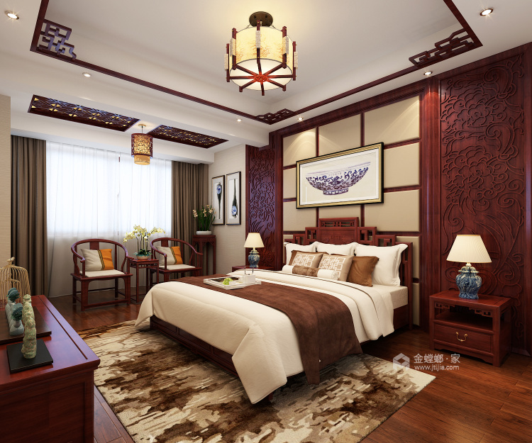 300平荣御蓝湾中式风格-卧室效果图及设计说明