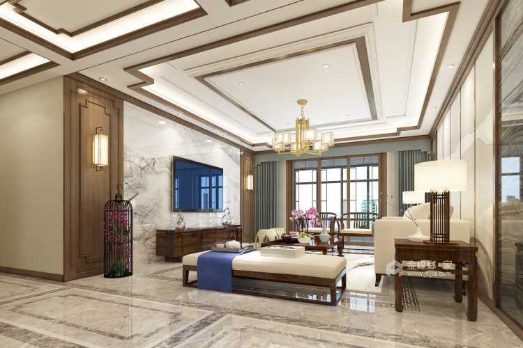 160平上海公馆新中式风格-客厅效果图及设计说明