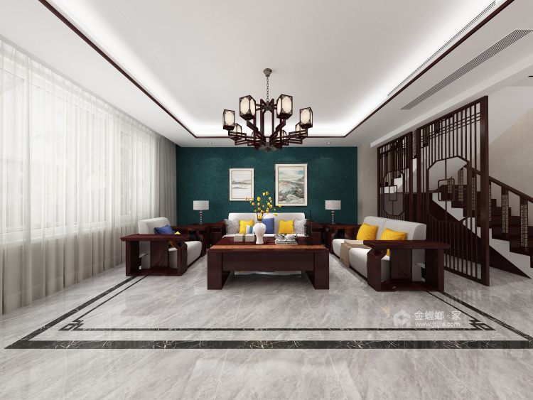 224平水城庄园新中式风格-客厅效果图及设计说明