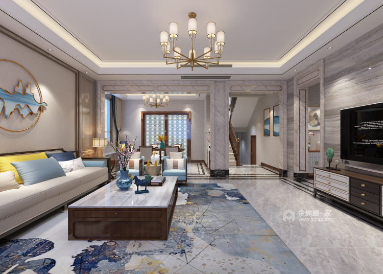 360平水城庄园新中式风格-客厅效果图及设计说明