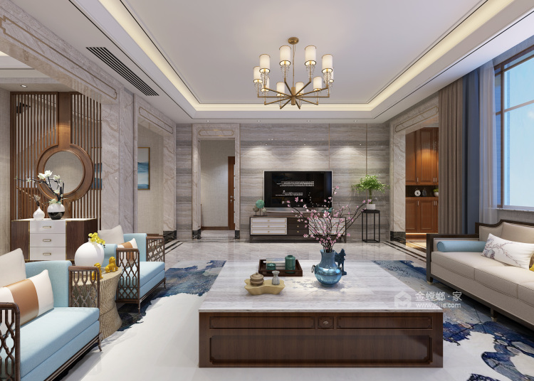 360平水城庄园新中式风格-客厅效果图及设计说明