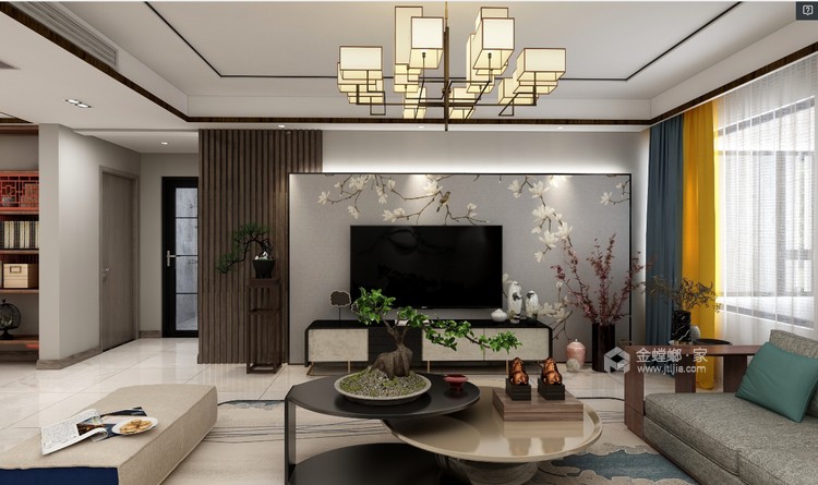 129平阳光小区新中式风格-有韵味的家-客厅效果图及设计说明