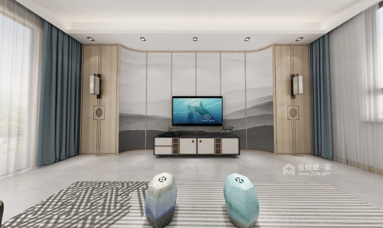420平岚山别墅新中式风格-禅动-客厅效果图及设计说明