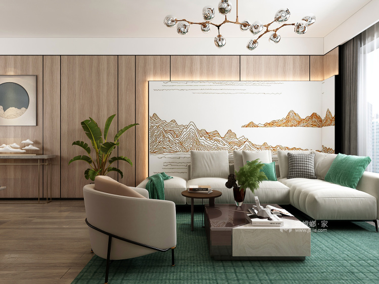 102平新天鹅堡现代风格-原木、简约、生机、山水、禅意-客厅效果图及设计说明