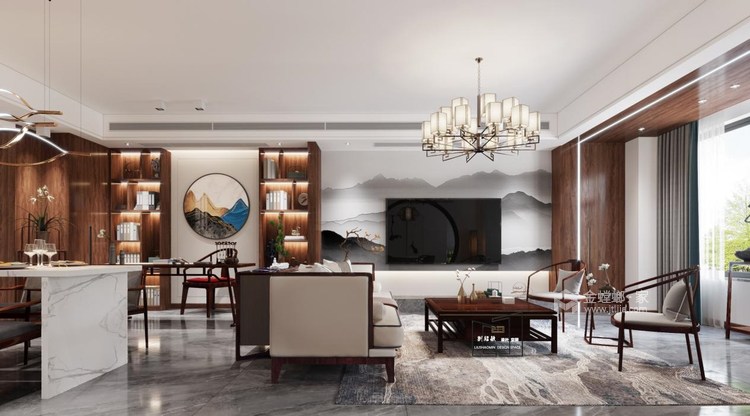 160平智禧湾新中式风格-化繁就简，视觉与心灵的“净”与“静”-客厅效果图及设计说明