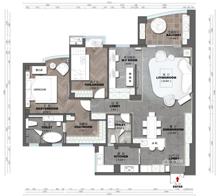 140平民生丽岛现代风格-简洁空间，禅意生活-平面设计图及设计说明