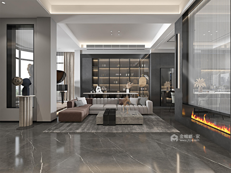 200平中央城现代风格-流金岁月-客厅效果图及设计说明