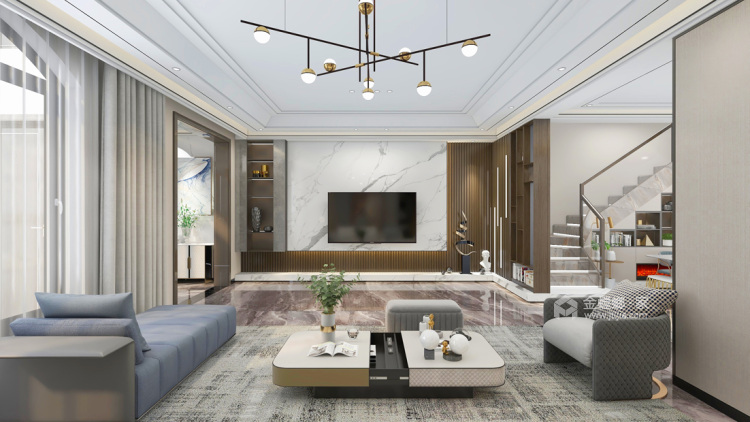 318平湖光名庭现代风格-现代轻奢雅致别墅-客厅效果图及设计说明