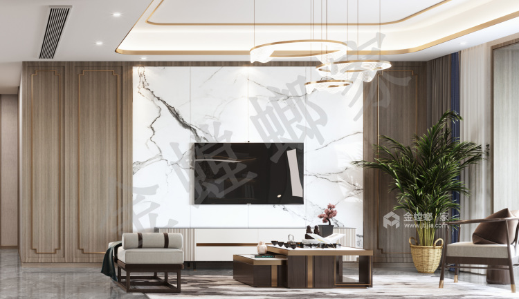 180平融创美盛象湖壹号新中式风格-家居氛围中的东方气质-客厅效果图及设计说明