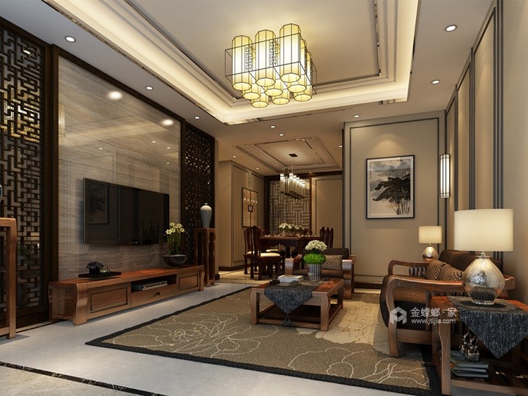 200平三湘森林海尚新中式风格-客厅效果图及设计说明