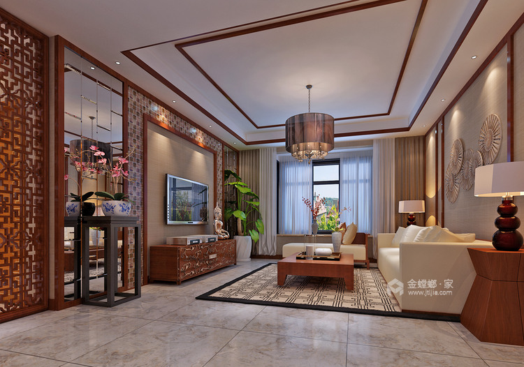 130平金色港湾新中式风格-不言奢华只言生活-客厅效果图及设计说明