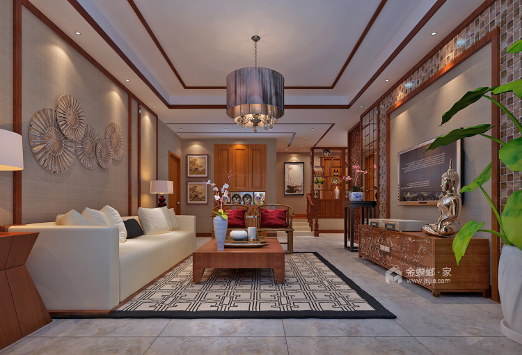 130平金色港湾新中式风格-不言奢华只言生活-客厅效果图及设计说明
