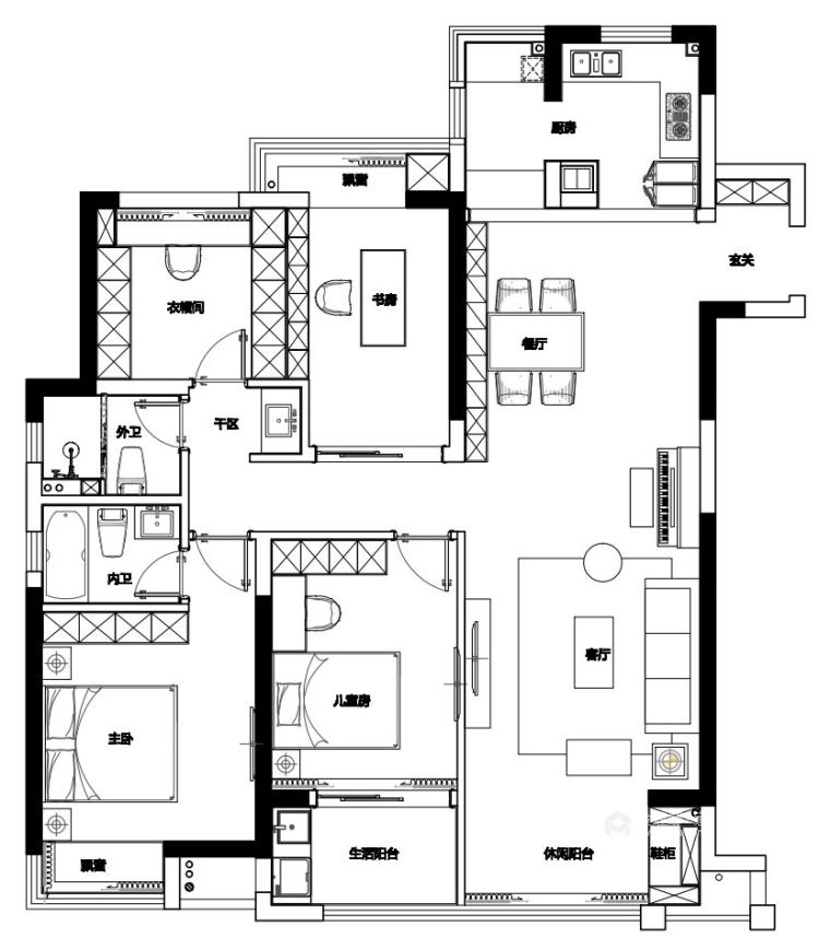 140平中梁1号院现代风格-舒适3口之家-平面布置图