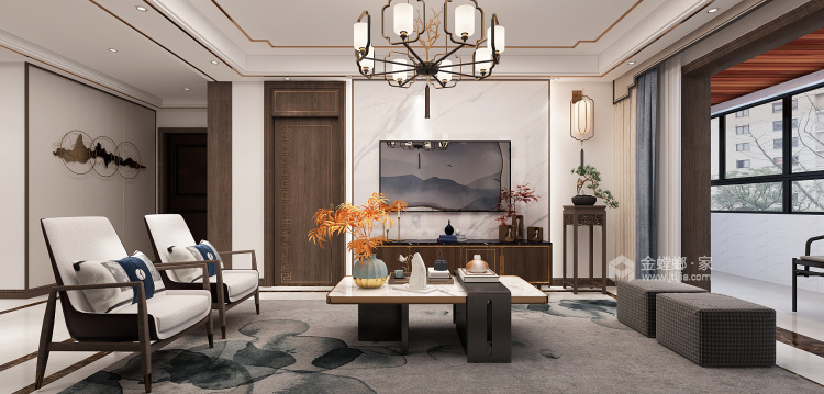 130平恒大悦珑湾新中式风格-山川，明月不及你-客厅效果图及设计说明