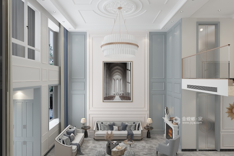 380平龙城公馆简美风格-轻奢大气现代美式别墅-客厅效果图及设计说明